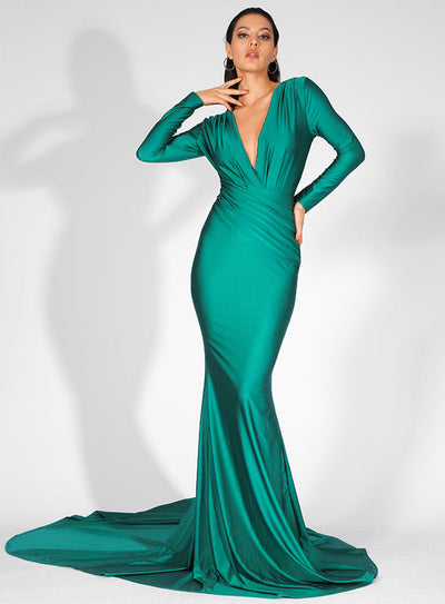 Always Dreaming Green Long Sleeve Fishtail Maxi Gown Dress - Fashion Genie Boutique