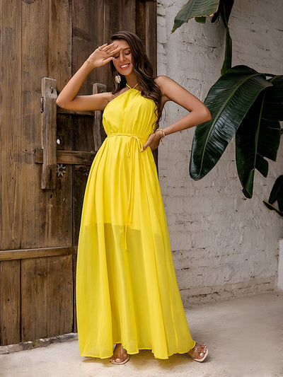 Leonie Yellow Halter Floaty Maxi Dress - Fashion Genie Boutique