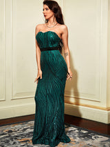 Pay Attention Green Sequin Strapless Maxi Fishtail Dress - Fashion Genie Boutique