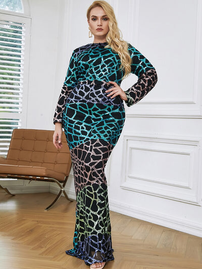 Curve Appeal Black Sequin Long Sleeve Fishtail Maxi Dress - Plus - Fashion Genie Boutique