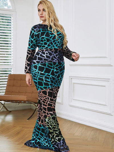 Curve Appeal Black Sequin Long Sleeve Fishtail Maxi Dress - Plus - Fashion Genie Boutique
