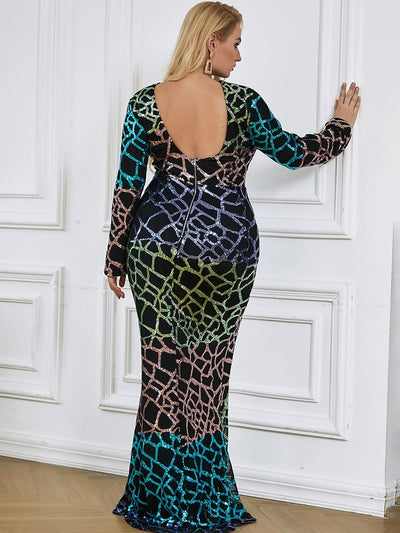 Curve Appeal Black Sequin Long Sleeve Fishtail Maxi Dress - Plus - Fashion Genie Boutique