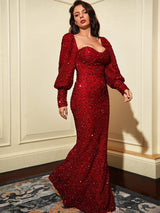 Embrace Me Red Sequin Long Sleeve Fishtail Maxi Dress - Fashion Genie Boutique