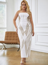 Enchanted White & Gold Strapless Sequin Midi Dress - Plus - Fashion Genie Boutique