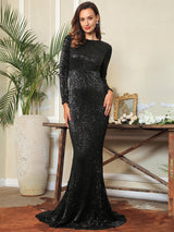 Never Enough Black Sequin Long Sleeve Maxi Fishtail Dress - Fashion Genie Boutique