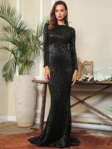 Never Enough Black Sequin Long Sleeve Maxi Fishtail Dress - Fashion Genie Boutique