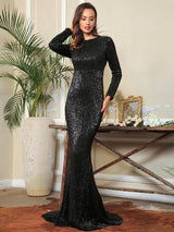 Never Enough Black Sequin Long Sleeve Maxi Fishtail Dress - Fashion Genie Boutique