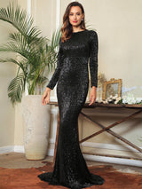 Never Enough Black Sequin Long Sleeve Maxi Fishtail Dress - Fashion Genie Boutique