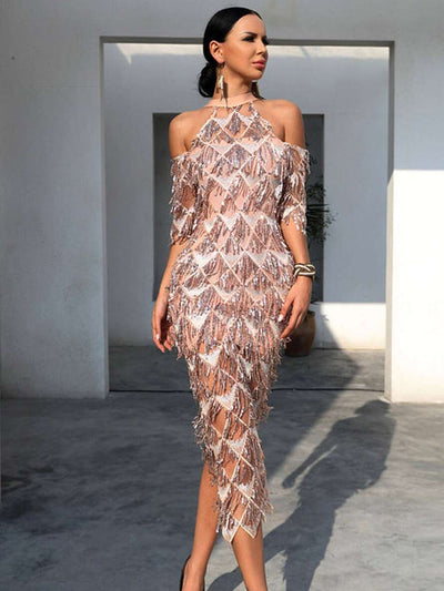 Confessions Rose Gold Halter Sequin Tassel Midi Dress - Fashion Genie Boutique