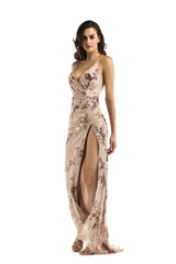Glorious Gold Sequin Front Split Sweeping Maxi Dress - Fashion Genie Boutique