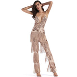 Puttin’ on the Glitz Gold Sequin Tassel Fringe Jumpsuit - Fashion Genie Boutique