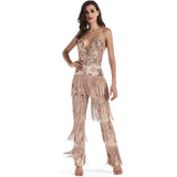 Puttin’ on the Glitz Gold Sequin Tassel Fringe Jumpsuit - Fashion Genie Boutique