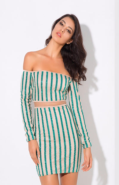 Walk the Line Green Bardot Glitter Mini Dress - Fashion Genie Boutique