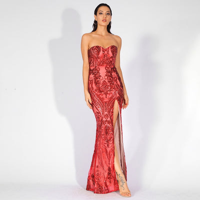 Sweet Vision Red Strapless Sequin Spilt Maxi Gown Dress - Fashion Genie Boutique