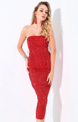 Glam Doll Red Strapless Sequin Midi Dress - Fashion Genie Boutique