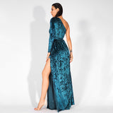 Just One Wish Green Velvet One Shoulder Long Sleeve Maxi Dress - Fashion Genie Boutique