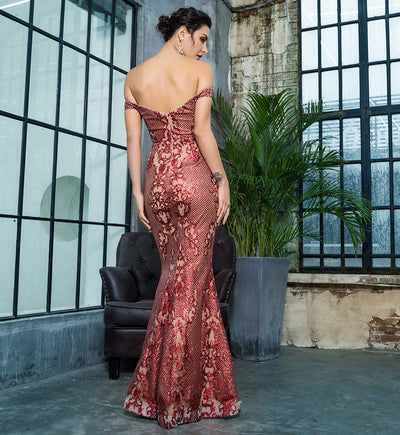 Dress Me Pretty Red Bardot Glitter Fishtail Maxi Dress - Fashion Genie Boutique