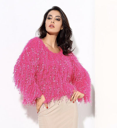 Heart Throb Hot Pink Fluffy Fringe Jumper - Fashion Genie Boutique
