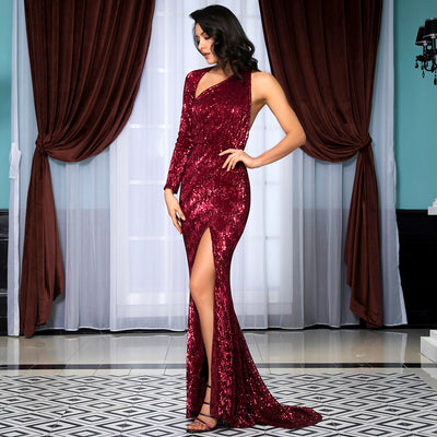 Feeling Chic Red Sequin Long Sleeve Split Maxi Gown Dress - Fashion Genie Boutique