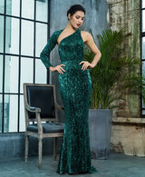 Luxury Night Green Sequin One Shoulder Maxi Gown Dress - Fashion Genie Boutique