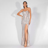 Sweet Vision Silver Strapless Sequin Spilt Maxi Gown Dress - Fashion Genie Boutique
