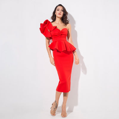 Keya Red Peplum Bardot Top & Midi Skirt Dress Co Ord - Fashion Genie Boutique