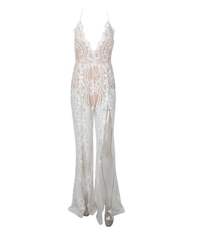 Bad Gal White Sequin Split Leg Jumpsuit - Fashion Genie Boutique