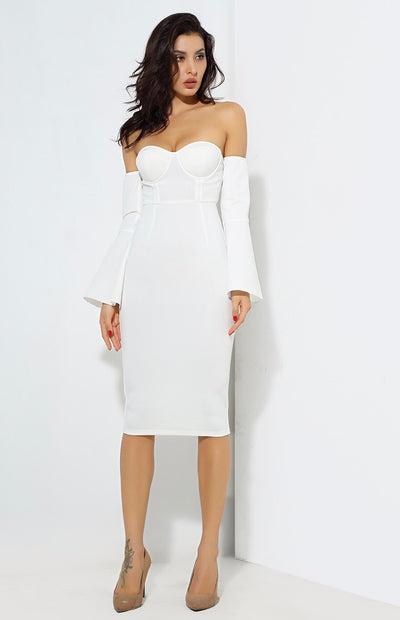 No Competition White Long Sleeve Bardot Midi Dress - Fashion Genie Boutique