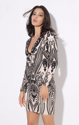Gal Crush Black And Nude Sequin Long Sleeve Mini Dress - Fashion Genie Boutique