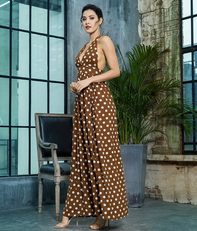 No Drama Brown & White Polka Dot Maxi Dress - Fashion Genie Boutique