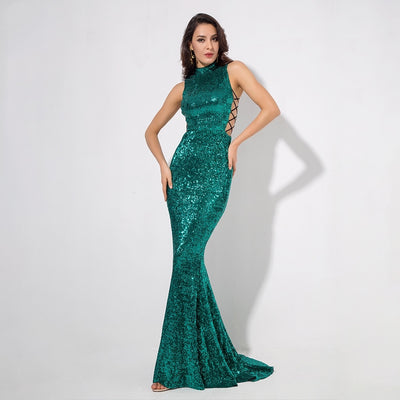 Million Dollar Babe Green Sequin Maxi Fishtail Gown Dress - Fashion Genie Boutique