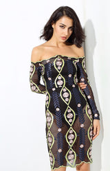 Shelly Black Bardot Long Sleeve Mesh Mini Dress - Fashion Genie Boutique