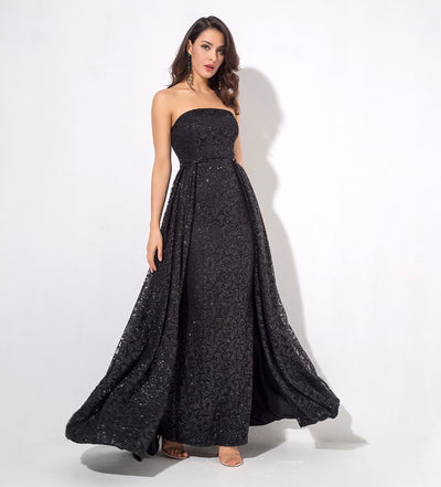 A Star Is Born Black Glitter Strapless Maxi Gown Dress - Fashion Genie Boutique