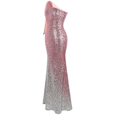 Oh My Posh Pink & Silver Sequin Gradient One Shoulder Maxi Gown Dress - Fashion Genie Boutique