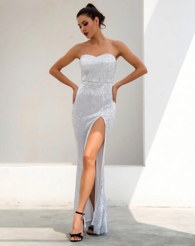 Disco Belle Silver Sequin Strapless Split Maxi Gown Dress - Fashion Genie Boutique