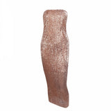 Glam Doll Silver Strapless Sequin Midi Dress - Fashion Genie Boutique