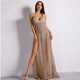 Dare To Bare Gold Metallic Double Split Sequin Maxi Dress - Fashion Genie Boutique
