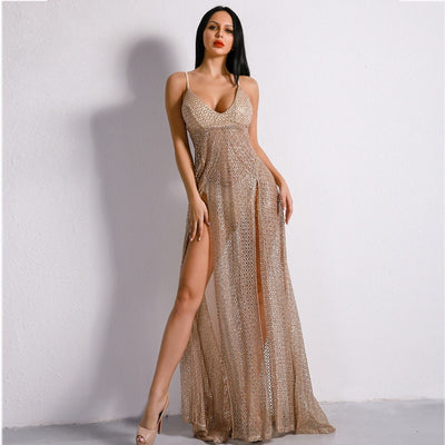 Dare To Bare Gold Metallic Double Split Sequin Maxi Dress - Fashion Genie Boutique