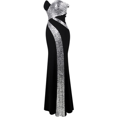 Dazzling Diva Black & Silver Strapless Sequin Maxi Gown Dress - Fashion Genie Boutique