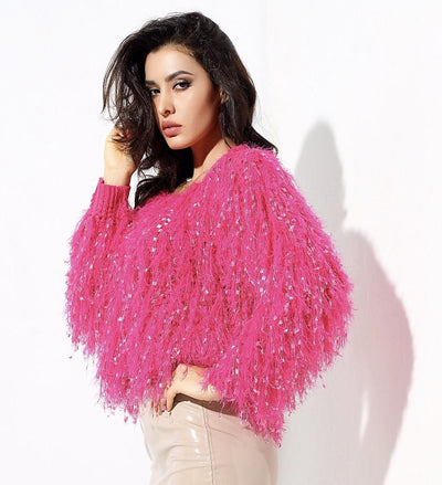 Heart Throb Hot Pink Fluffy Fringe Jumper - Fashion Genie Boutique