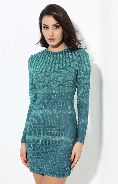 Starstruck Green Glitter Long Sleeve Mini Dress - Fashion Genie Boutique