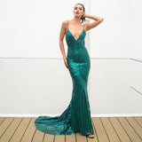 Ecstasy Green Plunge Sequin Maxi Fishtail Gown Dress - Fashion Genie Boutique