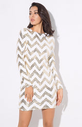 Life Of The Party Gold And White Sequin Long Sleeve Mini Dress - Fashion Genie Boutique