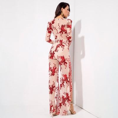 Lady Boss Red Sequin Long Sleeve Split Leg Jumpsuit - Fashion Genie Boutique