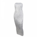 Glam Doll Silver Strapless Sequin Midi Dress - Fashion Genie Boutique