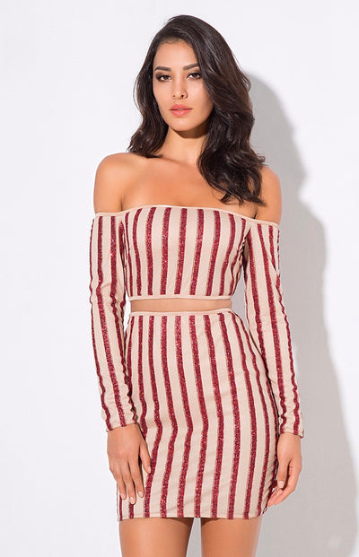 Walk the Line Red Bardot Glitter Mini Dress - Fashion Genie Boutique