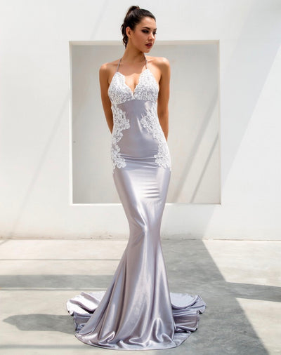 Sweet Lace Grey Satin Lace Maxi Fishtail Dress - Fashion Genie Boutique