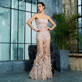 Light As A Feather Gold Strapless Feather Maxi Dress - Fashion Genie Boutique