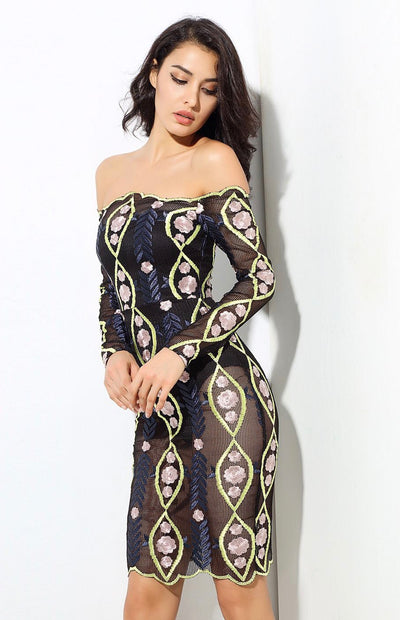 Shelly Black Bardot Long Sleeve Mesh Mini Dress - Fashion Genie Boutique