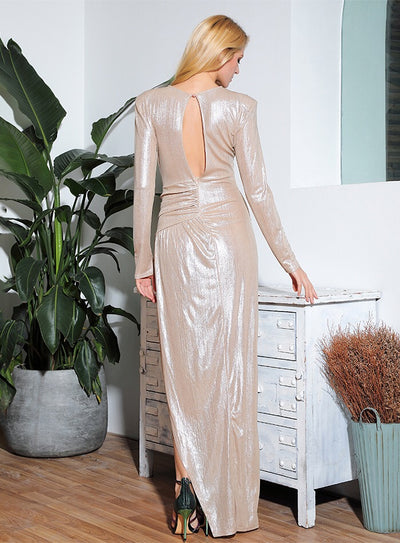 Ok Hun Nude Long Sleeve High Split Maxi Dress - Fashion Genie Boutique